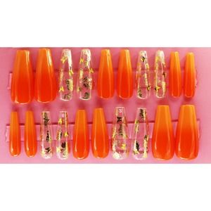 Ombre' and Orange Butterfly Long Coffin Gloss Finish Orange Press On Nails Long